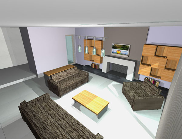 Το 'ράφι' του τζακιού ενοποιημένο με το σκαλοπάτι σε λευκό χρώμα σε αντίθεση με το σκούρο γκρίζο του δαπέδου  Το 'ράφι' του τζακιού ενοποιημένο με το σκαλοπάτι σε λευκό χρώμα σε αντίθεση με το σκούρο γκρίζο του δαπέδου