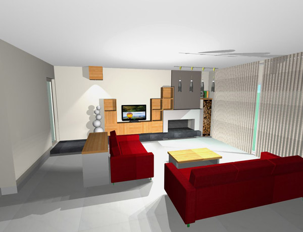 Συνολική άποψη της ασύμμετρης σύνθεσης στο καθιστικό με το γλυπτό, την TV, τις βιβλιοθήκες και το τζάκι  Συνολική άποψη της ασύμμετρης σύνθεσης στο καθιστικό με το γλυπτό, την TV, τις βιβλιοθήκες και το τζάκι