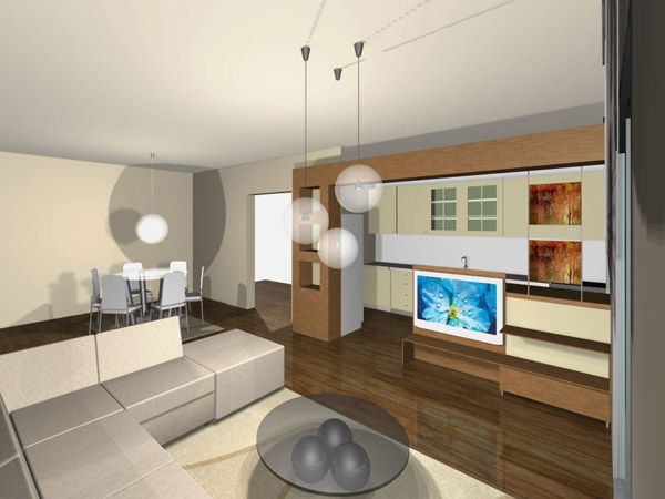 Το καθιστικό με το γωνιακό καναπέ και το έπιπλο TV μπροστά από το πάσο της κουζίνας Το καθιστικό με το γωνιακό καναπέ και το έπιπλο TV μπροστά από το πάσο της κουζίνας